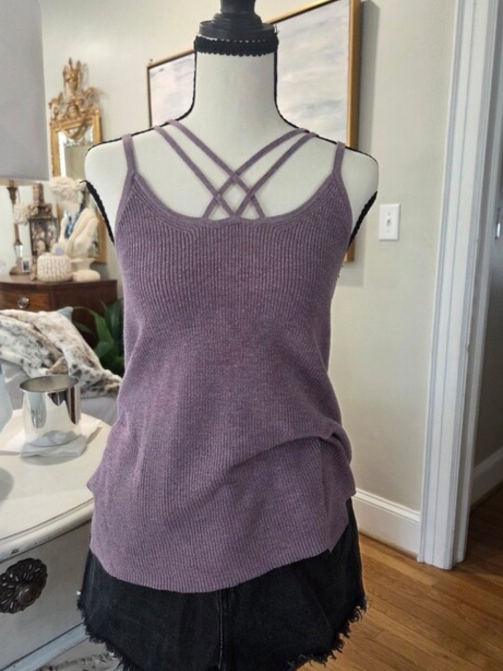 American Eagle Mauve Plum Ribbed Criss-Cross Top | Size Small